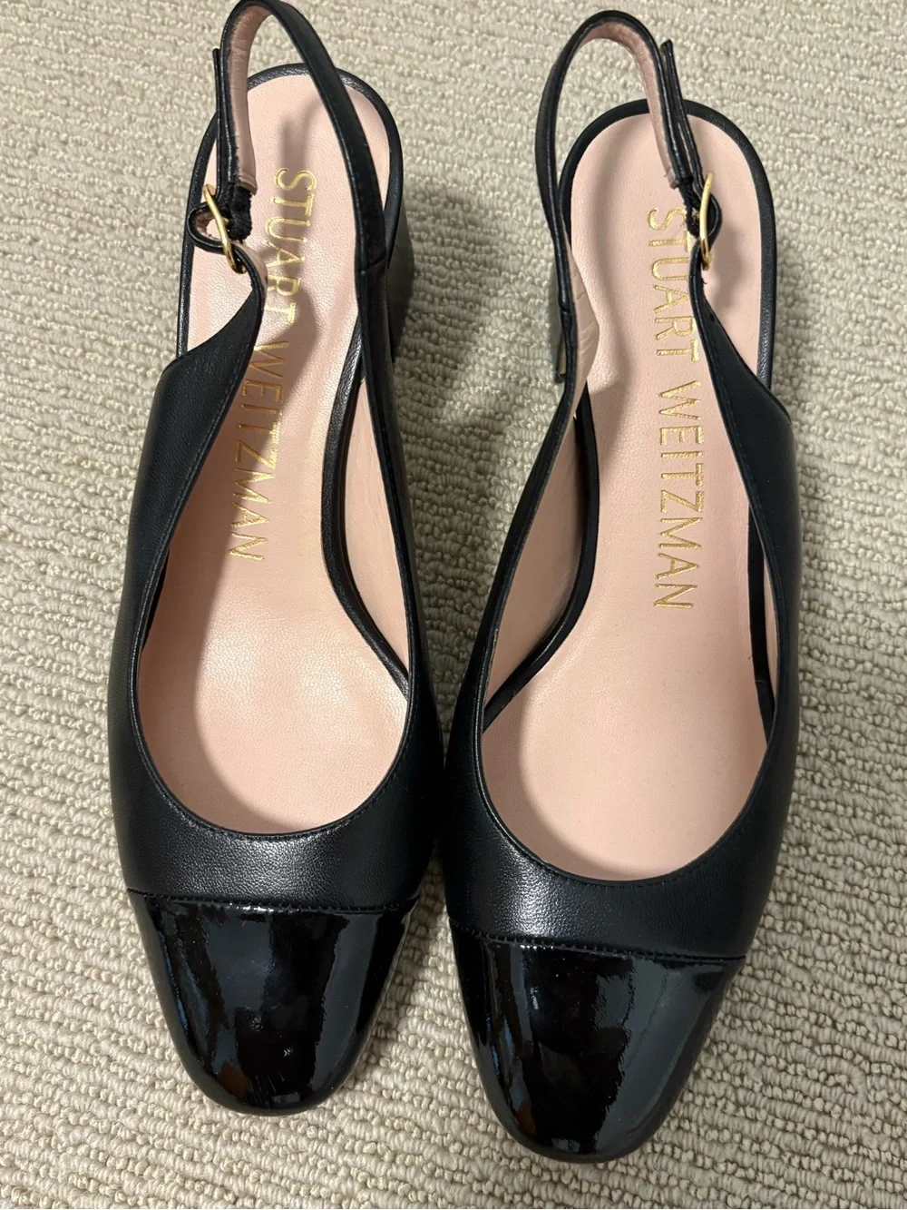 Stuart Weitzman Black Leather & Patent Slingback Mules